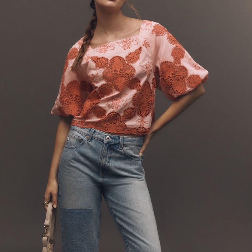 Anthropologie Cotton Puff-Sleeved Cutwork Blouse - Picture 2 of 12